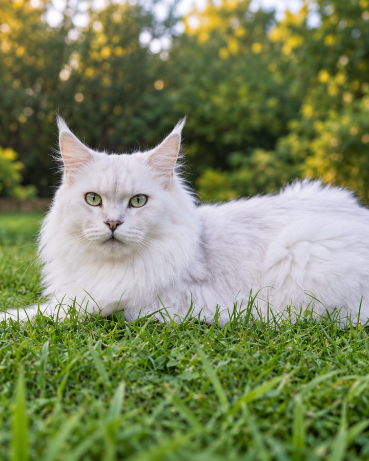 Flocon, femelle Maine Coon blanche, portrait dans le jardin