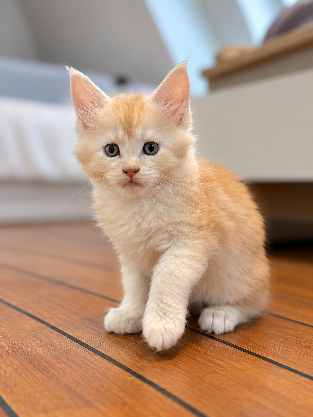 Bender, chaton Maine Coon mâle red silver tabby, portrait assis de face