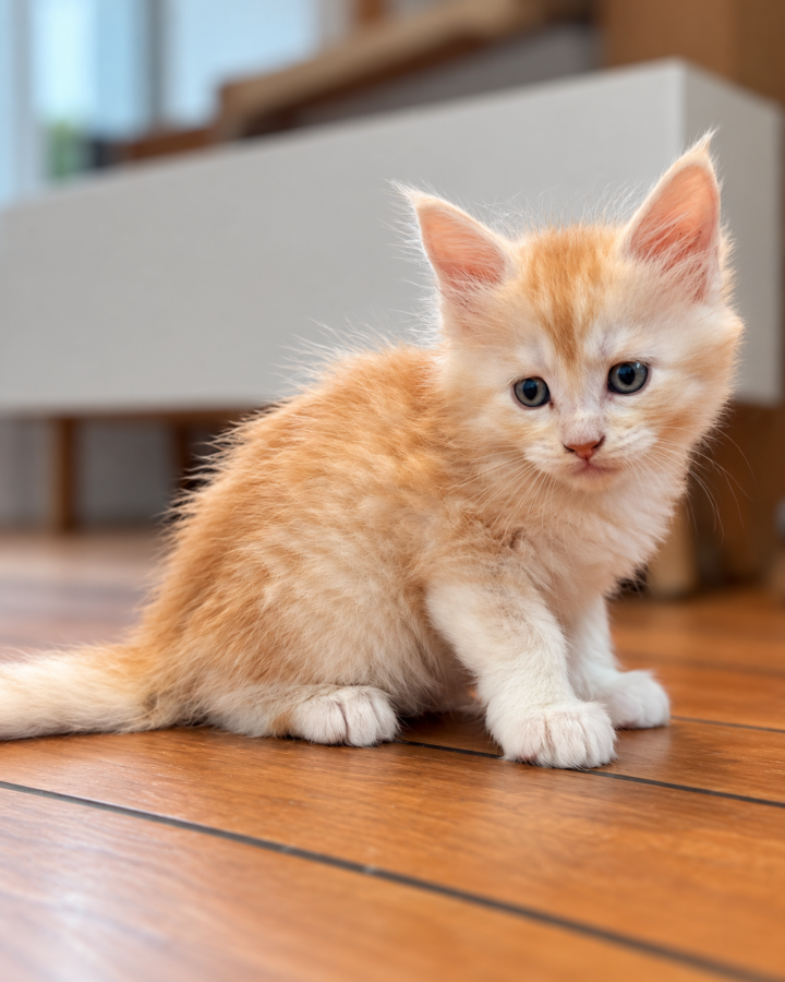 Bender, chaton Maine Coon mâle red silver tabby, assis de trois quarts