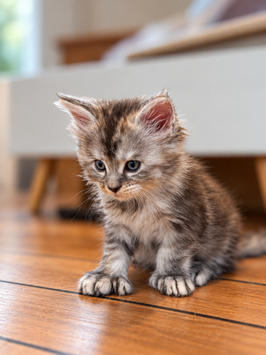 Bowsette, chatonne Maine Coon black tortie silver tabby polydactyle, regardant vers le bas