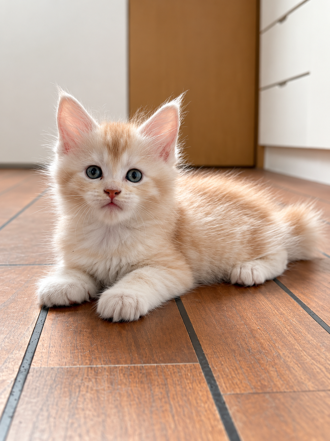 Bender, chaton Maine Coon mâle red silver tabby, allongé et regardant l’objectif