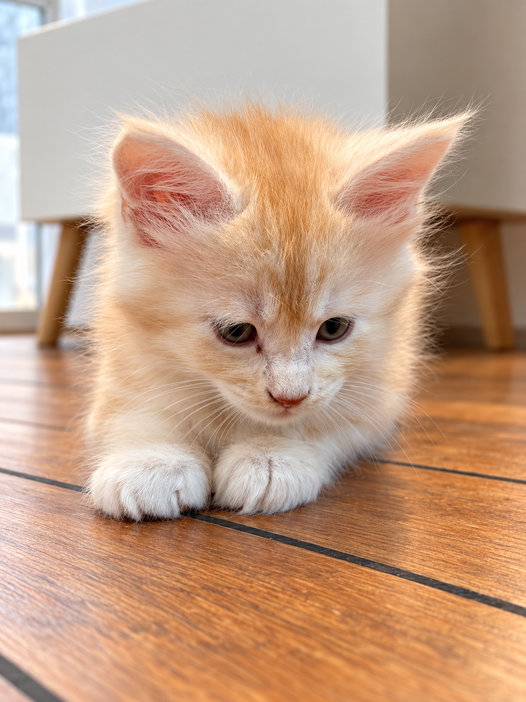 Bender, chaton Maine Coon mâle red silver tabby, couché sur ses pattes